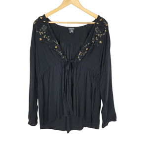 Torrid Black Embroidered Challis Tie Front Top 0